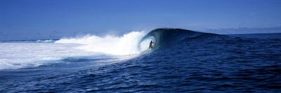 Lone Surfer Riding A Plunging Breaker, Tahiti, Windward Islands, Society Islands, French Poilynesia by Panoramic Images framed canvas print