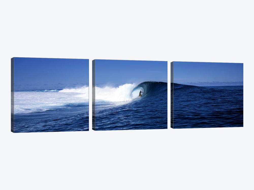 Lone Surfer Riding A Plunging Breaker, Tahiti, Windward Islands, Society Islands, French Poilynesia by Panoramic Images 3-piece Canvas Art Print
