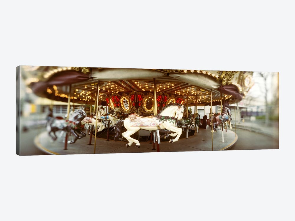 Carousel horses in an amusement park, Seattle Center, Queen Anne Hill, Seattle, Washington State, USA by Panoramic Images 1-piece Canvas Wall Art
