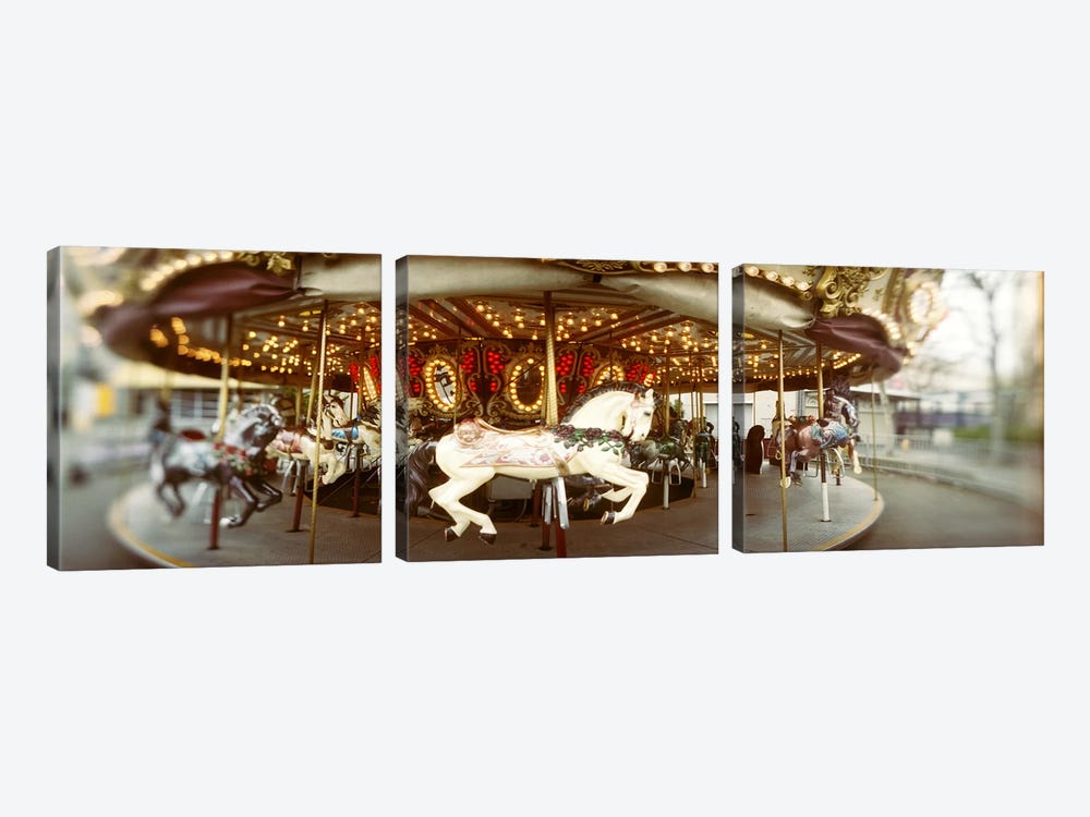 Carousel horses in an amusement park, Seattle Center, Queen Anne Hill, Seattle, Washington State, USA by Panoramic Images 3-piece Canvas Art