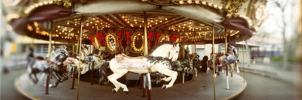 Seattle: Carousel horses in an amusement park, Seattle Center, Queen Anne Hill, Seattle, Washington State, USA by Panoramic Images