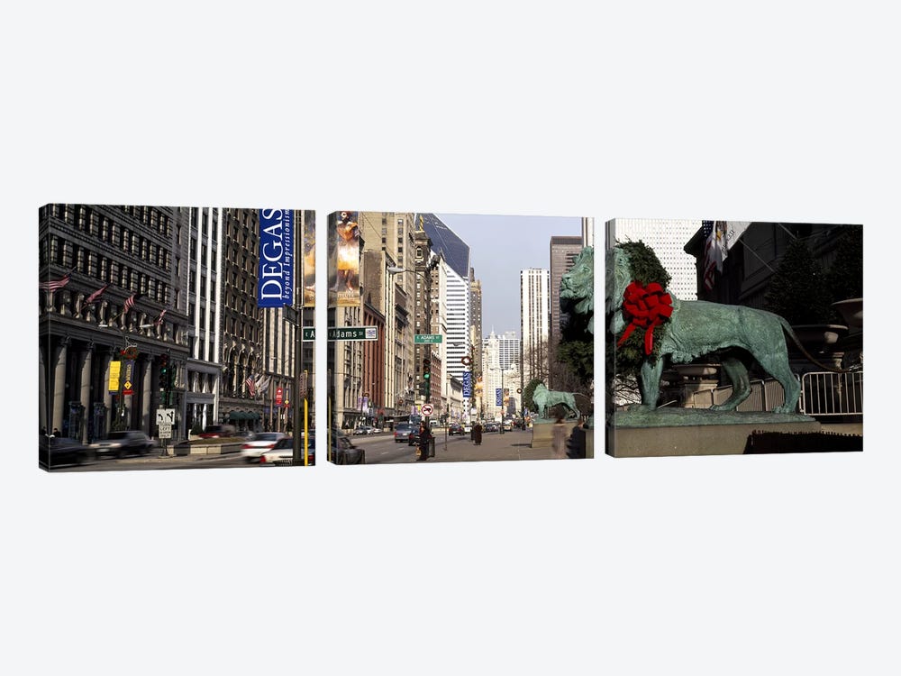 Bronze lion statue in front of a museumArt Institute of Chicago, Chicago, Cook County, Illinois, USA by Panoramic Images 3-piece Art Print