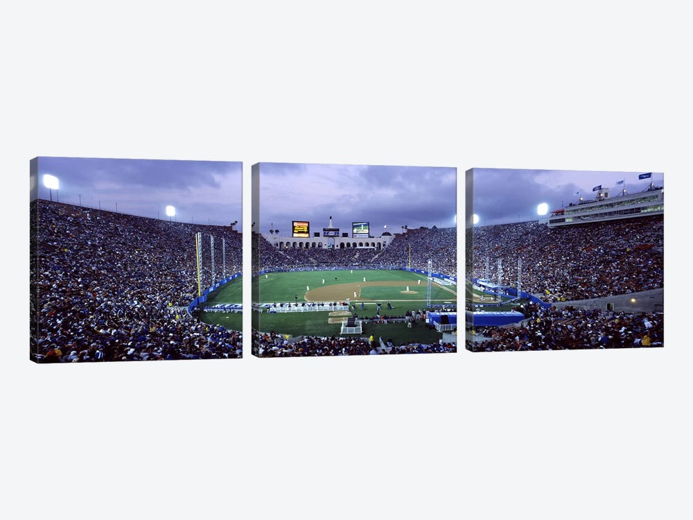 Spectators watching baseball match, Los Angeles Dodgers, Los Angeles Memorial Coliseum, Los Angeles, California, USA by Panoramic Images 3-piece Canvas Wall Art