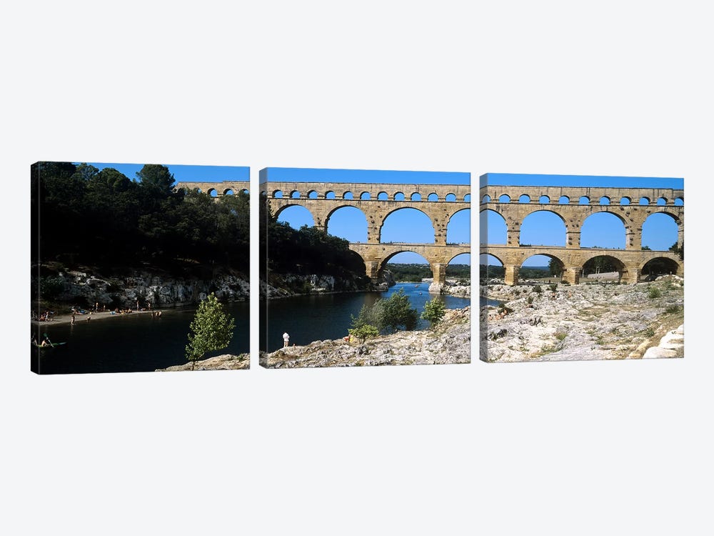 Aqueduct across a river, Pont Du Gard, Nimes, Gard, Languedoc-Rousillon, France by Panoramic Images 3-piece Canvas Wall Art