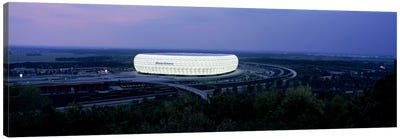 Soccer stadium lit up at nigh, Allianz Arena, Munich, Bavaria, Germany Canvas Art Print - Germany Art