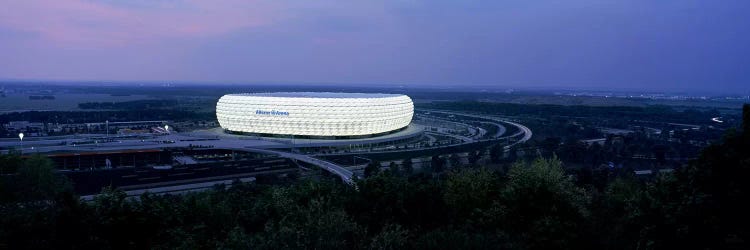 Soccer stadium lit up at nigh, Allianz Arena, Munich, Bavaria, Germany