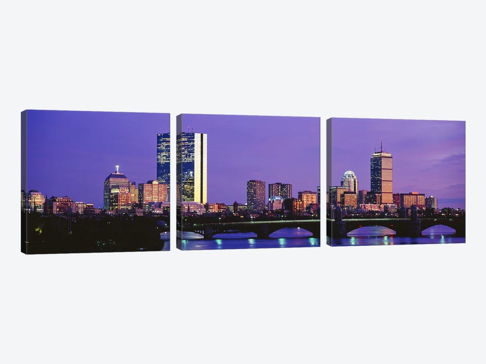 Lilac Sky Over An illuminated Back Bay Skyline, Boston, Suffolk County, Massachusetts, USA by Panoramic Images 3-piece Canvas Art Print