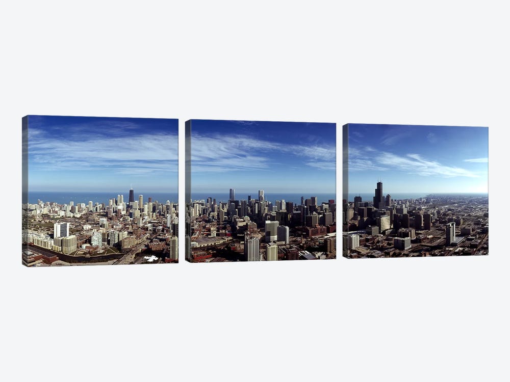 Aerial view of a cityscape with Lake Michigan in the background, Chicago River, Chicago, Cook County, Illinois, USA by Panoramic Images 3-piece Art Print