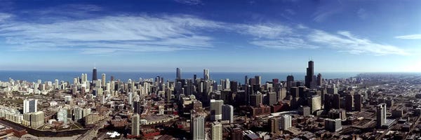 Chicago Skylines: Aerial view of a cityscape with Lake Michigan in the background, Chicago River, Chicago, Cook County, Illinois, USA by Panoramic Images