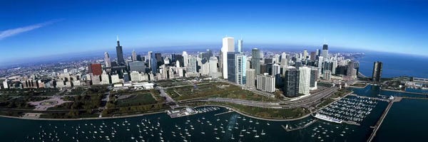 Chicago Skylines: Aerial view of a park in a city, Millennium Park, Lake Michigan, Chicago, Cook County, Illinois, USA by Panoramic Images