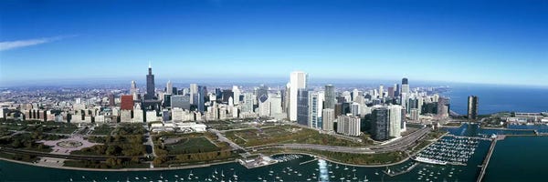 Chicago Skylines: Aerial view of a park in a city, Millennium Park, Lake Michigan, Chicago, Cook County, Illinois, USA #2 by Panoramic Images