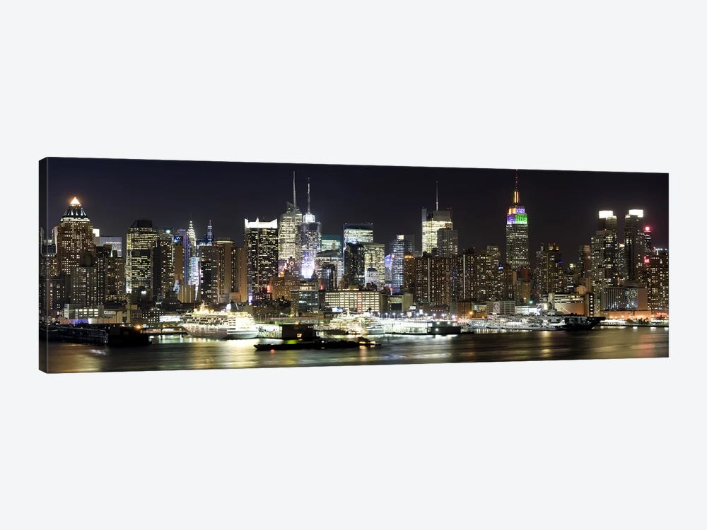 Buildings in a city lit up at night, Hudson River, Midtown Manhattan, Manhattan, New York City, New York State, USA by Panoramic Images 1-piece Canvas Wall Art