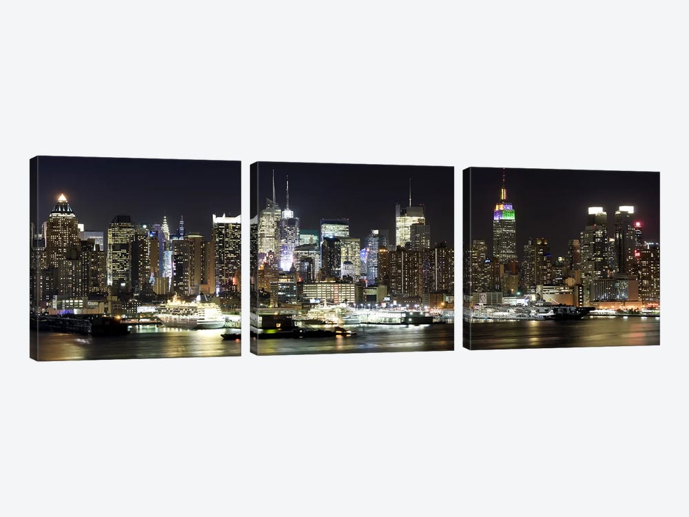 Buildings in a city lit up at night, Hudson River, Midtown Manhattan, Manhattan, New York City, New York State, USA by Panoramic Images 3-piece Canvas Wall Art