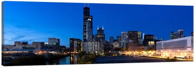 Buildings in a city lit up at dusk, Chicago, Illinois, USA Canvas Art Print - Chicago Skylines