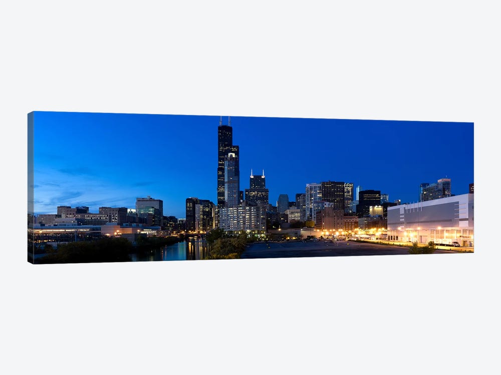Buildings in a city lit up at dusk, Chicago, Illinois, USA by Panoramic Images 1-piece Canvas Art