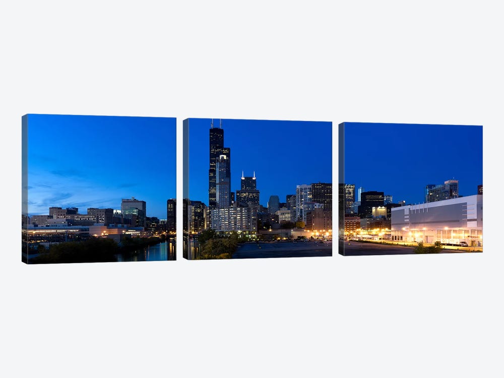 Buildings in a city lit up at dusk, Chicago, Illinois, USA by Panoramic Images 3-piece Canvas Artwork