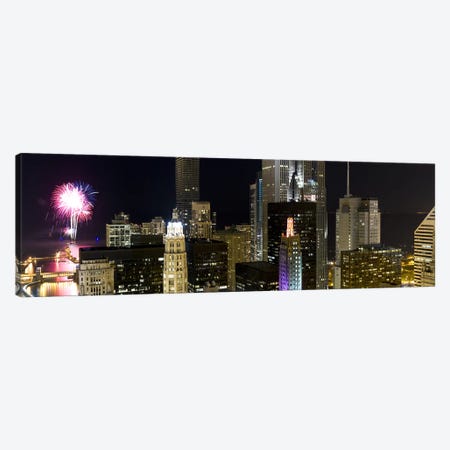 Skyscrapers and firework display in a city at night, Lake Michigan, Chicago, Illinois, USA Canvas Print #PIM8024} by Panoramic Images Canvas Artwork