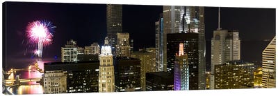 Skyscrapers and firework display in a city at night, Lake Michigan, Chicago, Illinois, USA Canvas Art Print - Independence Day Art