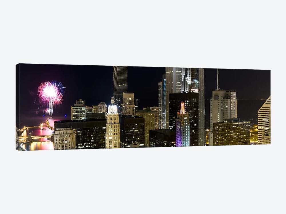 Skyscrapers and firework display in a city at night, Lake Michigan, Chicago, Illinois, USA by Panoramic Images 1-piece Art Print