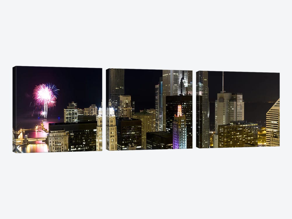 Skyscrapers and firework display in a city at night, Lake Michigan, Chicago, Illinois, USA by Panoramic Images 3-piece Canvas Art Print