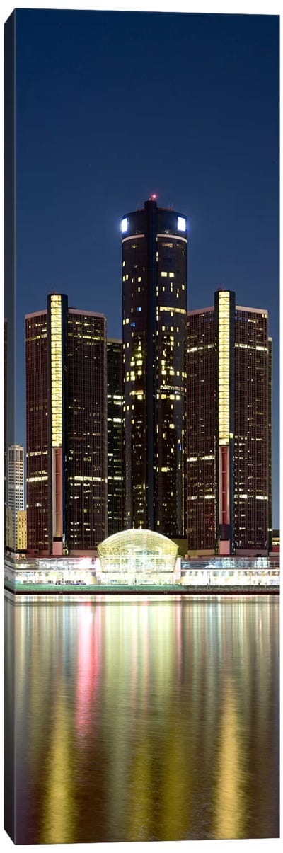 Skyscrapers lit up at dusk, Renaissance Center, Detroit River, Detroit, Michigan, USA Canvas Art Print - Detroit Art