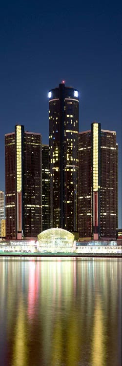 Skyscrapers lit up at dusk, Renaissance Center, Detroit River, Detroit, Michigan, USA