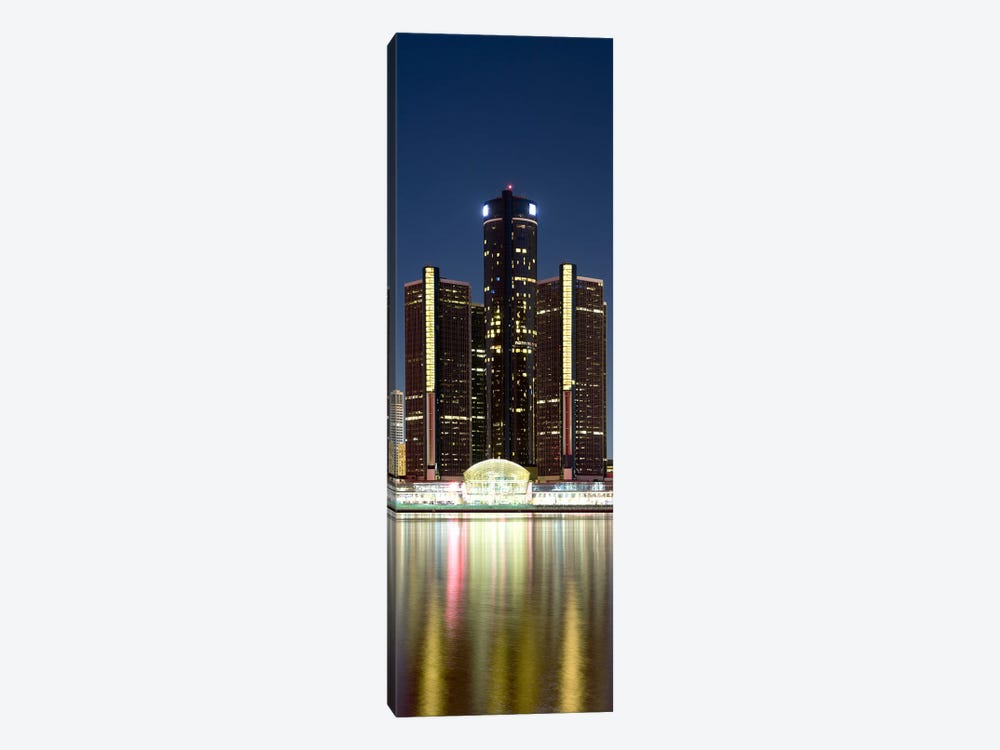 Skyscrapers lit up at dusk, Renaissance Center, Detroit River, Detroit, Michigan, USA by Panoramic Images 1-piece Canvas Artwork