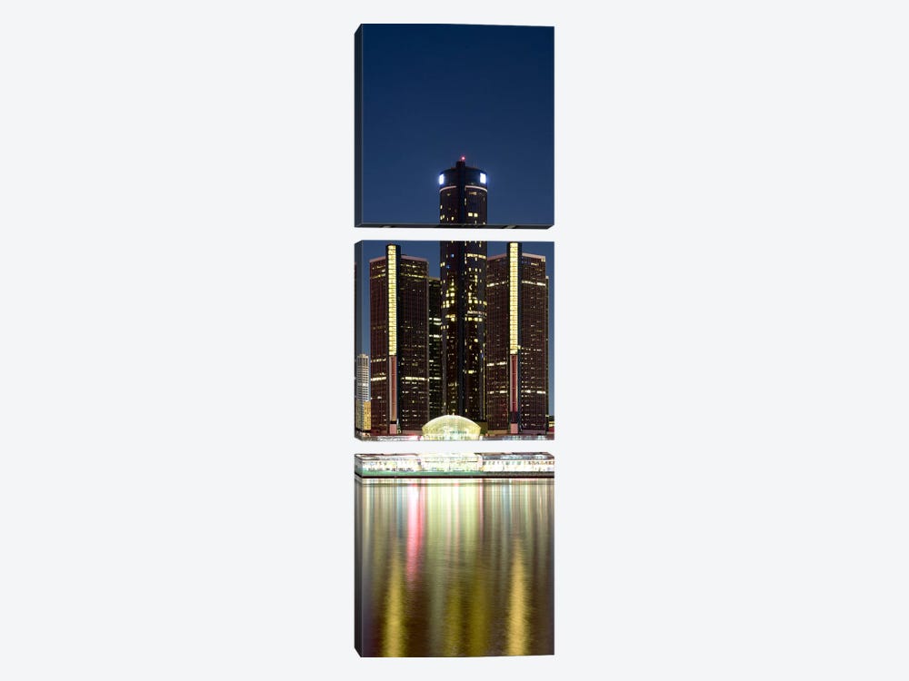 Skyscrapers lit up at dusk, Renaissance Center, Detroit River, Detroit, Michigan, USA by Panoramic Images 3-piece Canvas Artwork