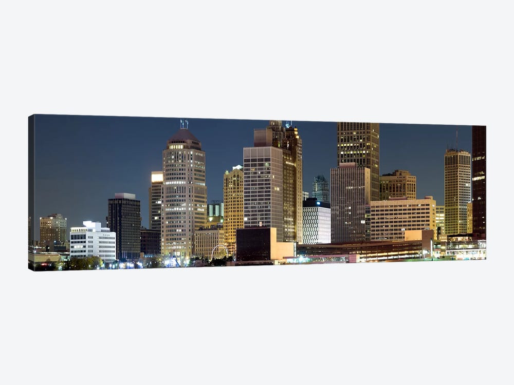 Buildings in a city lit up at night, Detroit River, Detroit, Michigan, USA by Panoramic Images 1-piece Canvas Artwork