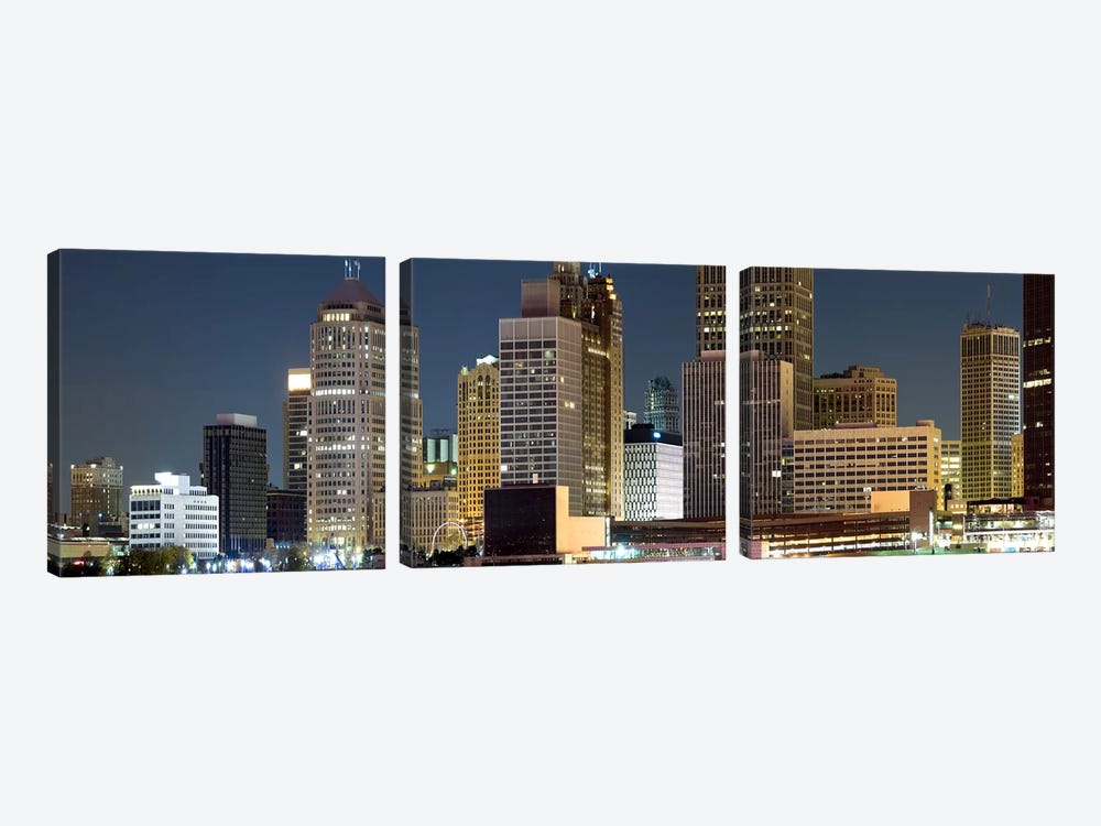 Buildings in a city lit up at night, Detroit River, Detroit, Michigan, USA by Panoramic Images 3-piece Canvas Art