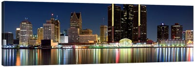 Buildings in a city lit up at night, Detroit River, Detroit, Michigan, USA #2 Canvas Art Print - Detroit Art