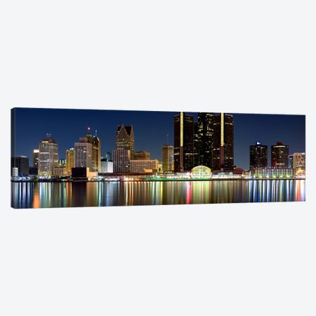 Buildings in a city lit up at night, Detroit River, Detroit, Michigan, USA #2 Canvas Print #PIM8028} by Panoramic Images Canvas Print