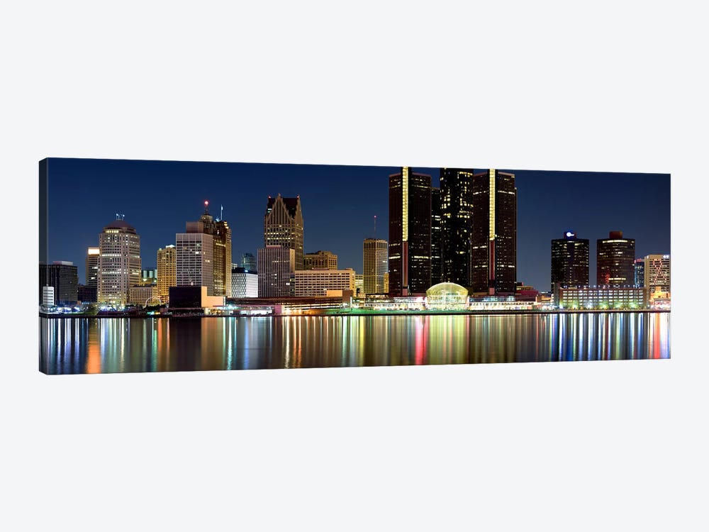 Buildings in a city lit up at night, Detroit River, Detroit, Michigan, USA #2 by Panoramic Images 1-piece Canvas Print