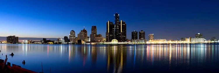 Buildings in a city lit up at dusk, Detroit River, Detroit, Michigan, USA #2