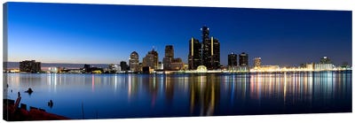 Buildings in a city lit up at dusk, Detroit River, Detroit, Michigan, USA #2 Canvas Art Print - Detroit Skylines