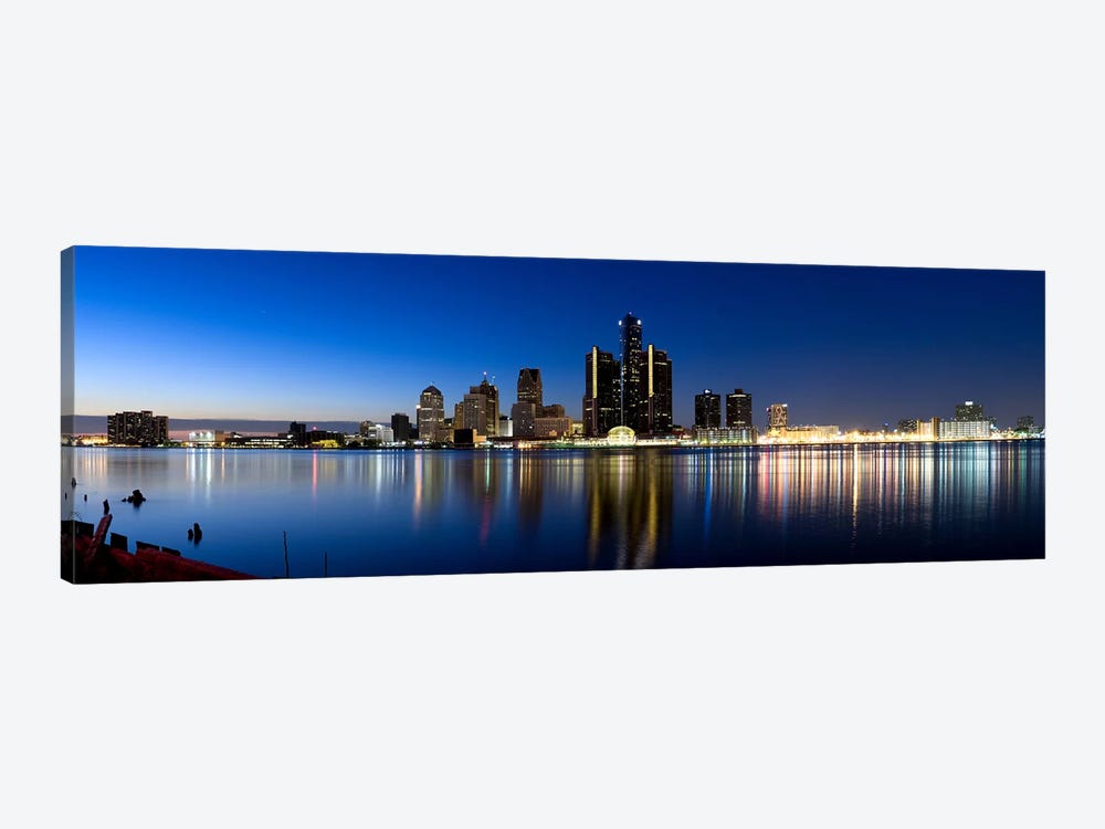 Buildings in a city lit up at dusk, Detroit River, Detroit, Michigan, USA #2 by Panoramic Images 1-piece Canvas Art