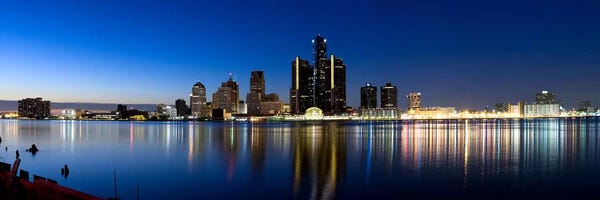 Detroit: Buildings in a city lit up at dusk, Detroit River, Detroit, Michigan, USA #2 by Panoramic Images
