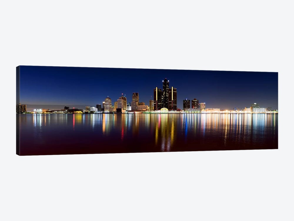 Buildings in a city lit up at duskDetroit River, Detroit, Michigan, USA by Panoramic Images 1-piece Canvas Artwork