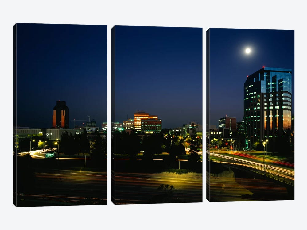 Buildings lit up at night, Sacramento, California, USA by Panoramic Images 3-piece Canvas Art Print