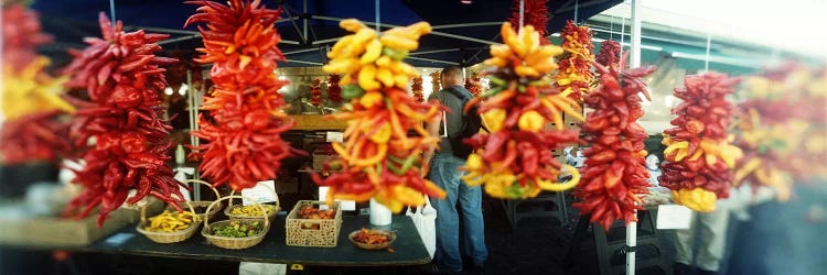 Strands of chili peppers hanging in a market stall, Pike Place Market, Seattle, King County, Washington State, USA