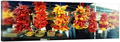 Strands of chili peppers hanging in a market stall, Pike Place Market, Seattle, King County, Washington State, USA Canvas Art Print - Vegetable Art