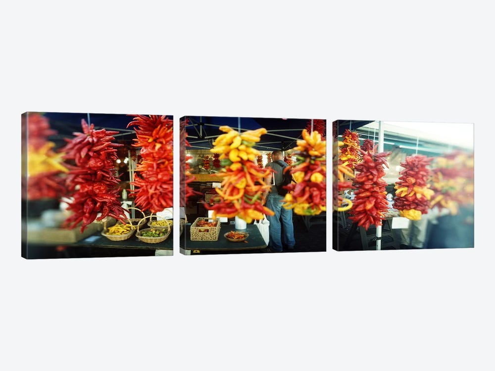 Strands of chili peppers hanging in a market stall, Pike Place Market, Seattle, King County, Washington State, USA by Panoramic Images 3-piece Art Print