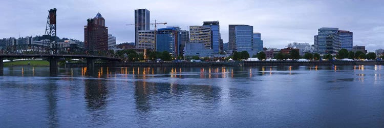 Skyline as seen from the Vera Katz Eastbank Esplanade, Willamette River, Portland, Multnomah County, Oregon, USA