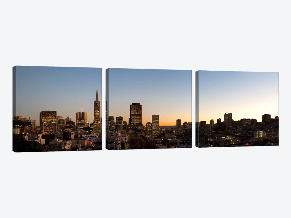 Buildings lit up at dusk, Telegraph Hill, San Francisco, California, USA by Panoramic Images 3-piece Canvas Print