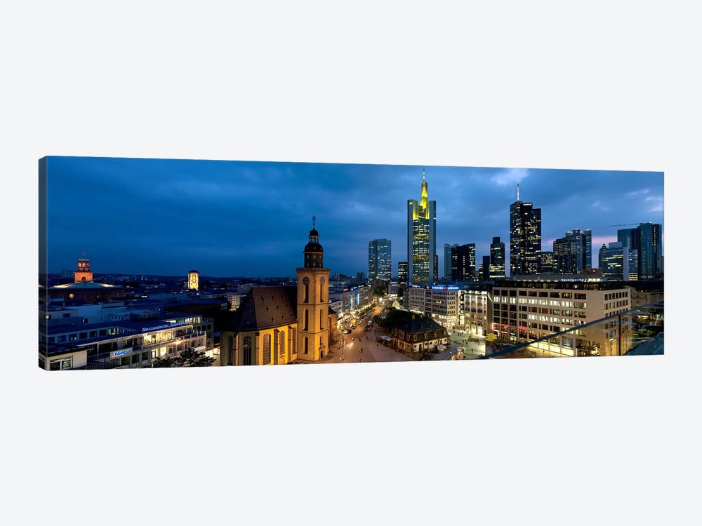 Buildings lit up at night, St. Catherine's Church, Hauptwache, Frankfurt, Hesse, Germany by Panoramic Images 1-piece Canvas Art