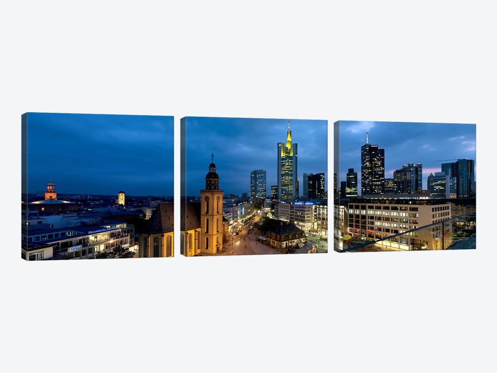Buildings lit up at night, St. Catherine's Church, Hauptwache, Frankfurt, Hesse, Germany by Panoramic Images 3-piece Canvas Wall Art