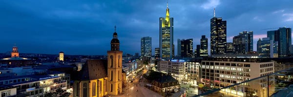 Frankfurt: Buildings lit up at night, St. Catherine's Church, Hauptwache, Frankfurt, Hesse, Germany by Panoramic Images