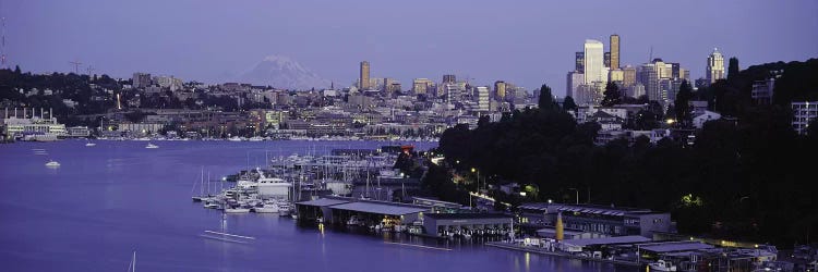 City skyline at the lakeside with Mt Rainier in the background, Lake Union, Seattle, King County, Washington State, USA