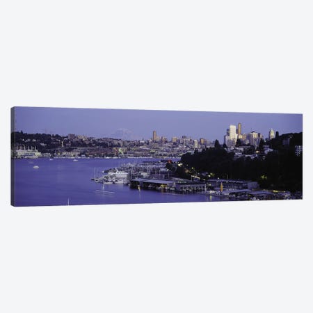 City skyline at the lakeside with Mt Rainier in the background, Lake Union, Seattle, King County, Washington State, USA Canvas Print #PIM8096} by Panoramic Images Art Print