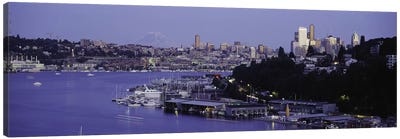 City skyline at the lakeside with Mt Rainier in the background, Lake Union, Seattle, King County, Washington State, USA Canvas Art Print - Seattle Skylines